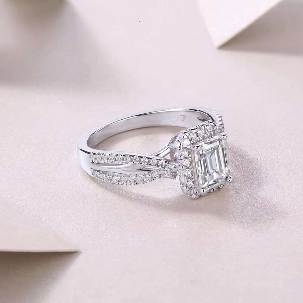 Fashionable silica emerald cut wide open handle ring - double-layer pointed set, pure silver, size 5-9, USA