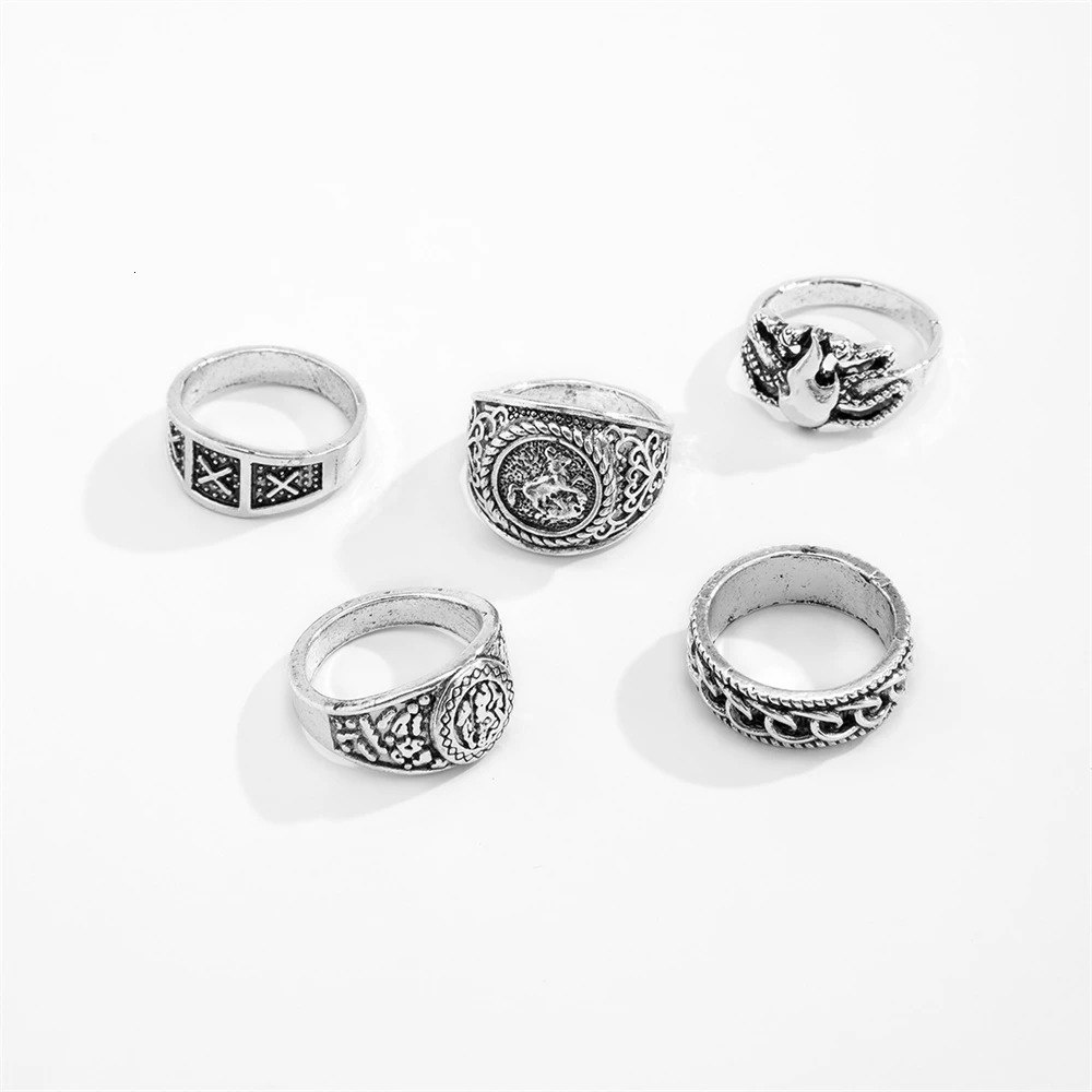 Retro Totem Mens Ring Set Hip Hop Geometric Jewelry Antique Silver Adjustable Stackable Rings for Men Fashion Accessories Gifts 250509