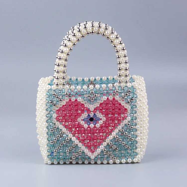 Light Blue Peach Handmade Fashion Heart Pearl Bag Beaded Bags For Women Floral Mini Handbags Women Bags Designer BagW250512