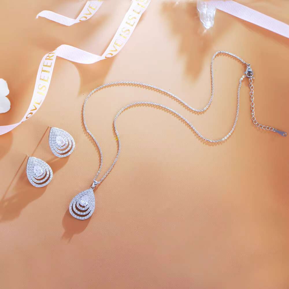 Elegant earrings necklace, ladies' blue cubic zirconia teardrop fashion party accessory set, girls' daily wear
