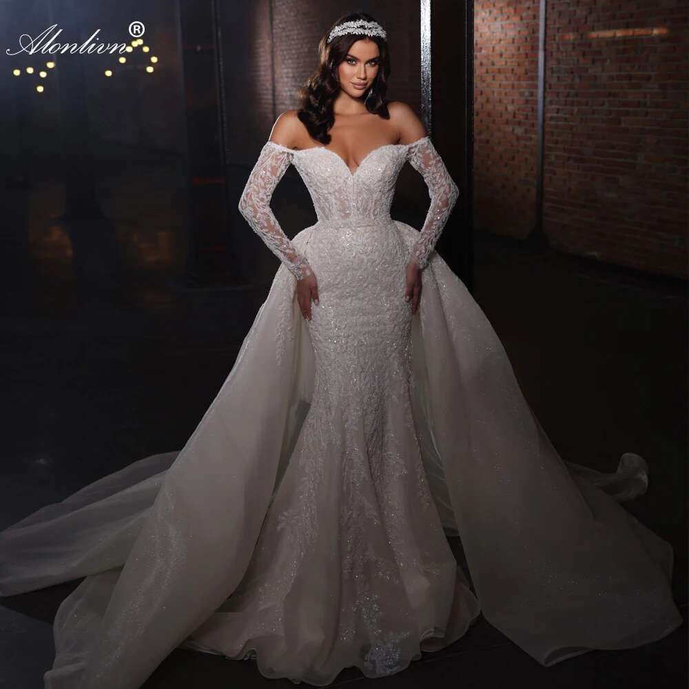 Alonlivn Luxurious Embroidery 2 In 1 Mermaid Bridal Gown Beading Appliques Lace Off Shoulder Sleeves Sweetheart Wedding Dress