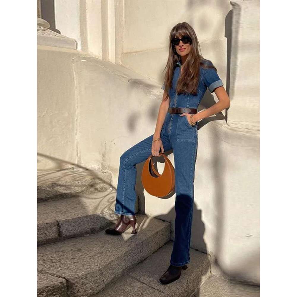 Vintage Denim Jumpsuits Women Slim Laple Zipper Short Sleeve Pockets Belt Female Bodysuit 2025 Summer Fashion Lady Streetwears