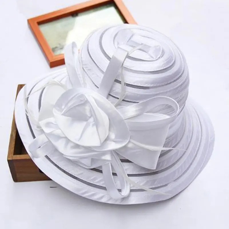 Fashion Women Summer Organza Sun Hats Wide Brim With Big Flower Fedora Hat Elegant Ladies Wedding Church Party 250512