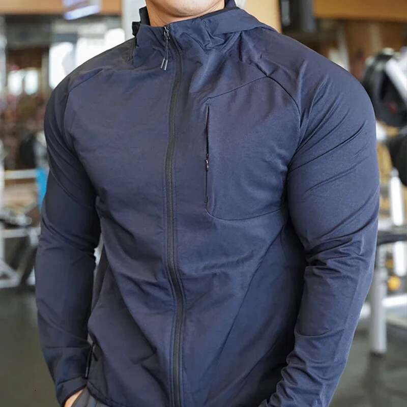 High Quality Nylon Sport Coat Mens Gym Fiess Hoodies Outdoor Workout Tops Hooded Training Running Zipped Jacket Clothes