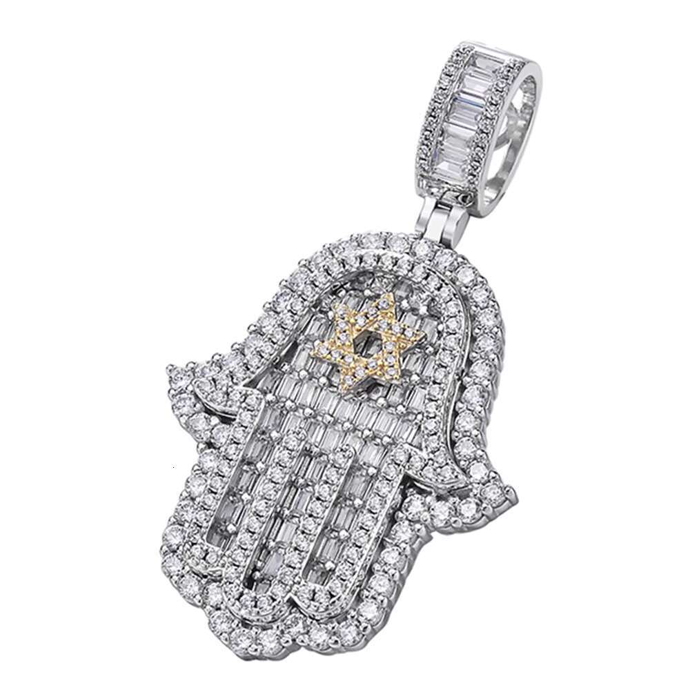 Hiphop Jewelry Baguette Cz Diamond Hamsa Hand Mens Fatima Pendant
