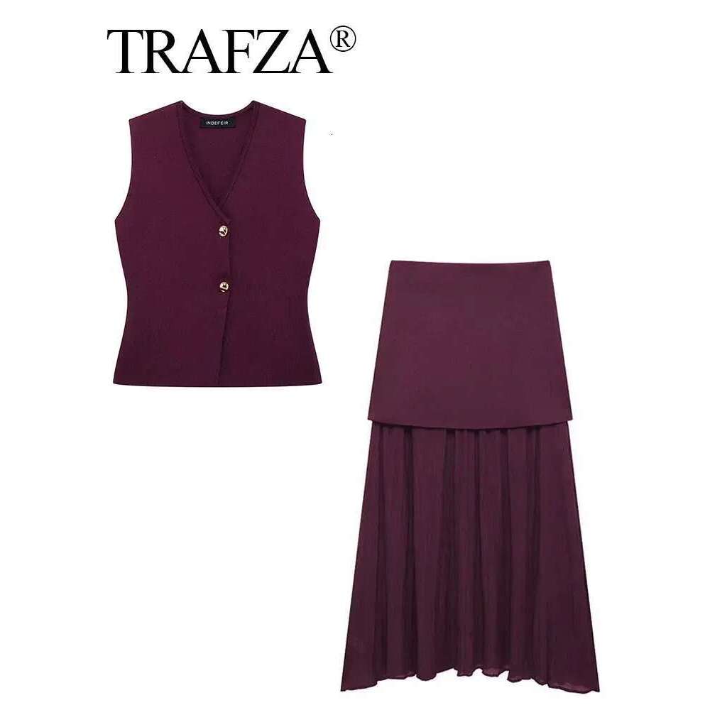 TRAFZA 2024 Women Set Wine Red Knitted V-Neck Sleeveless Slim Vest +Solid High Waist Zipper Patchwork Long Skirt Street