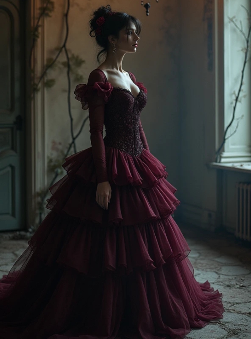 Gothic Burgundy Tiers Tulle Prom Dresses Long Sleeves Corset A-Line Puffy Special occasion Gown Lace Appliques Beaded Masquerade Dress For Women 2025