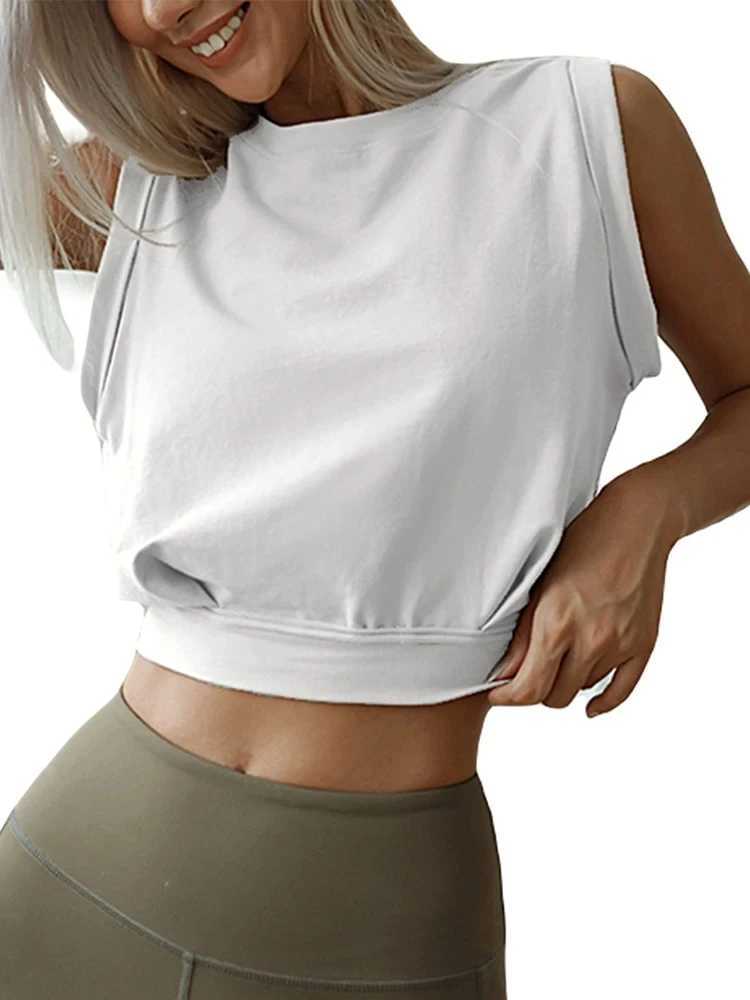 Crop Top Cotton Shirts for Women Cute Sleeveless Yoga Tops Running Gym Workout Shirts Casual Fitness Loose Female T-Shirt M250513