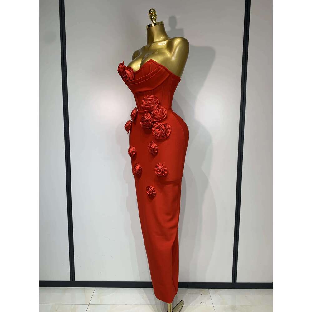 2025 Newest Women Sexy Strapless Backless Red Flower Midi Bandage Dress Celebirty Elegant Evening Club Party Birthday Dresses