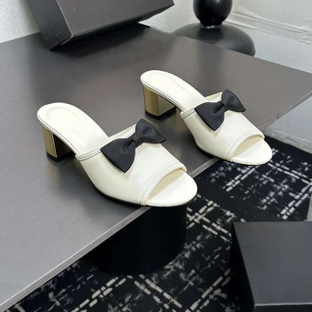 Women Size34-41 Genuine Leather Slippers High Heels Butterfly Knot Pumps Summer Slides Designer Shoes Zapatillas De Mujer