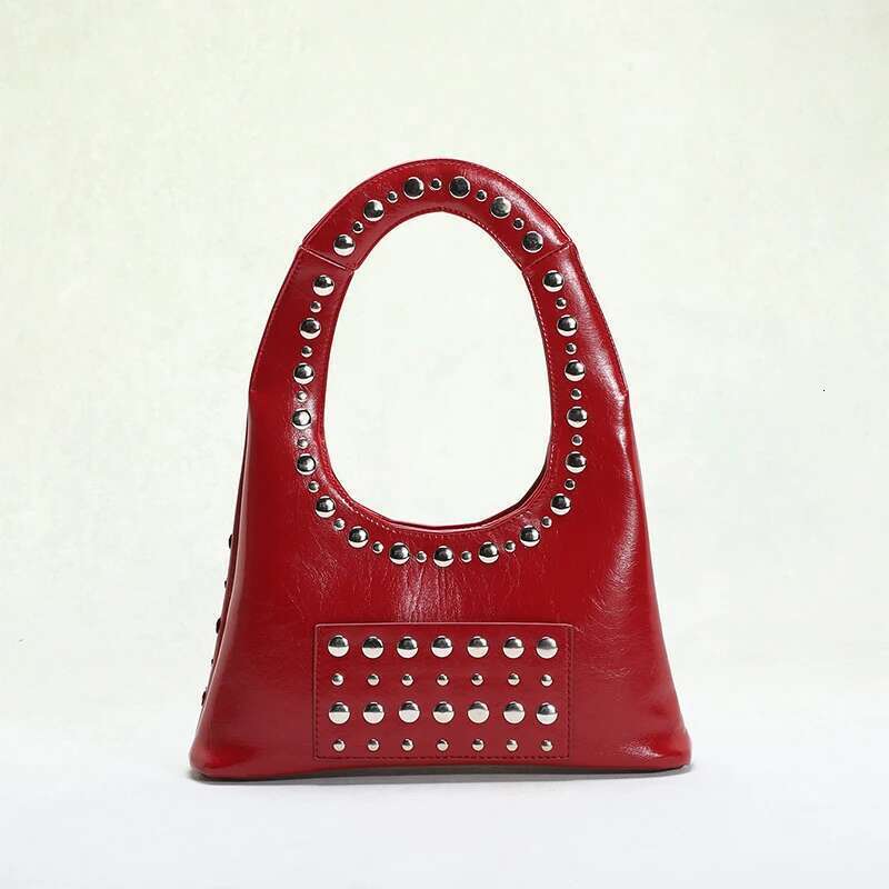 Cool Sier Rivet Underarm 2025 New Brand U-Shaped Tote Red Lady High-End Shoulder Bag European Punk Handbag