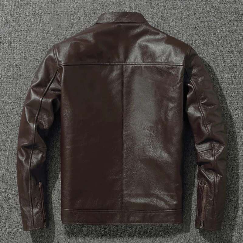Top Layer Cowhide Fashion Slimfit Stand Collar Leisure Bomber Jacket 100% Genuine Leather Men's Vintage Short Zipper M