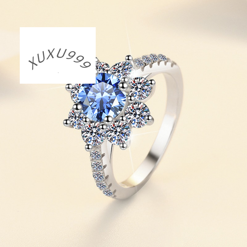 Fine Jewelry Wedding Engagement Ring Flower Shape Blue Diamond VVS1 Moissanite S925 Sterling Silver Ring for Woman Ladies