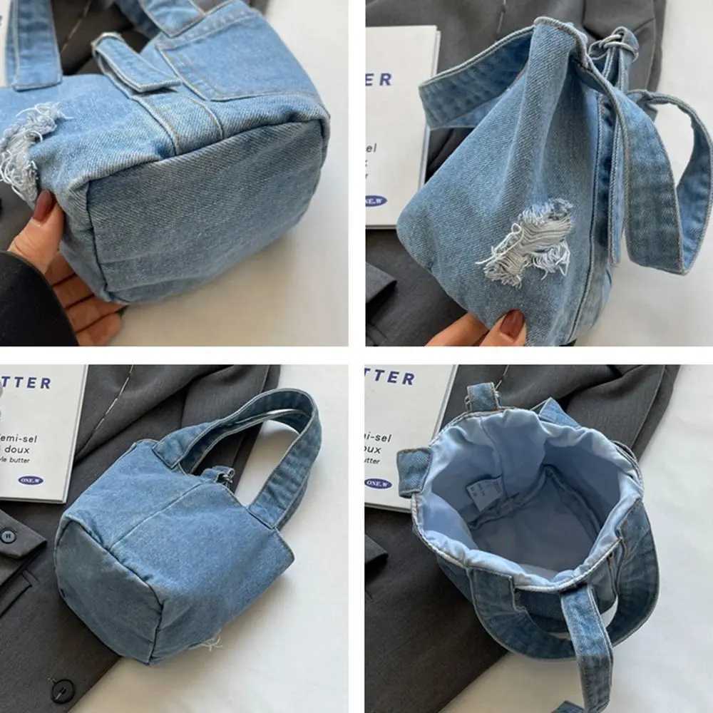 Customize Large Capacity Denim Bucket Bag With Hole Handbag Tote Bag Shoulder Bag Phone Pockets Canvas Lunch Bag OutdoorW250512