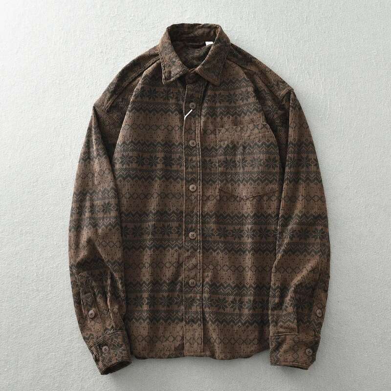 Vintage Corduroy Shirt For Men Japanese Ethnic Embroidered Baggy Lapel Long Sleeve Top Coat Fashion Autumn