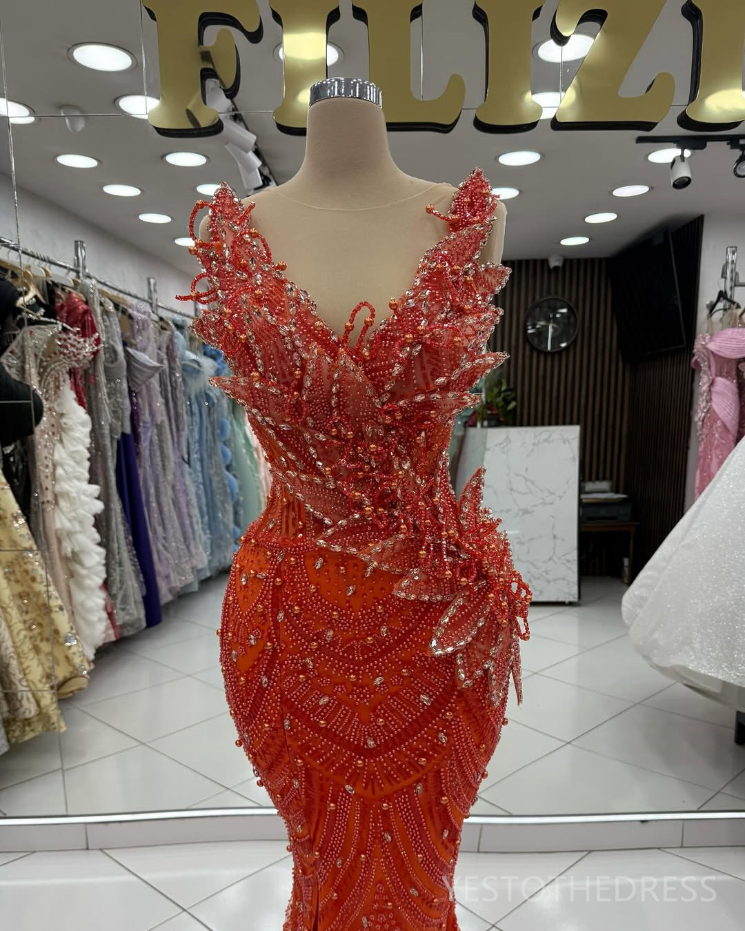 2025 Aso Ebi Orange Prom Dress Mermaid Prom Dresses Evening Formal Gowns V Neck Flora Crystals Beaded Lace Birthday Dress Second Reception Gowns AM234