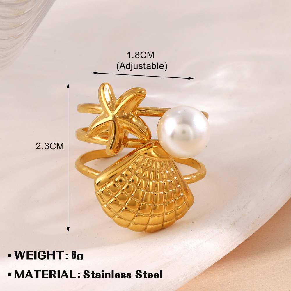 Fashionable and trendy summer beach vacation style starfish shell women's ocean element pearl open ring