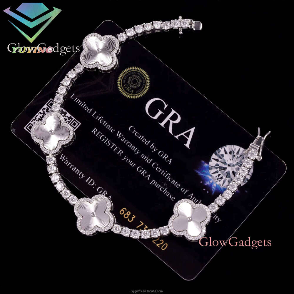 Lucky Four Leaf Hip Hop Jewelry 3mm S Sier Gold Plated Iced Out Moissanite Clover Tennis Bracelet