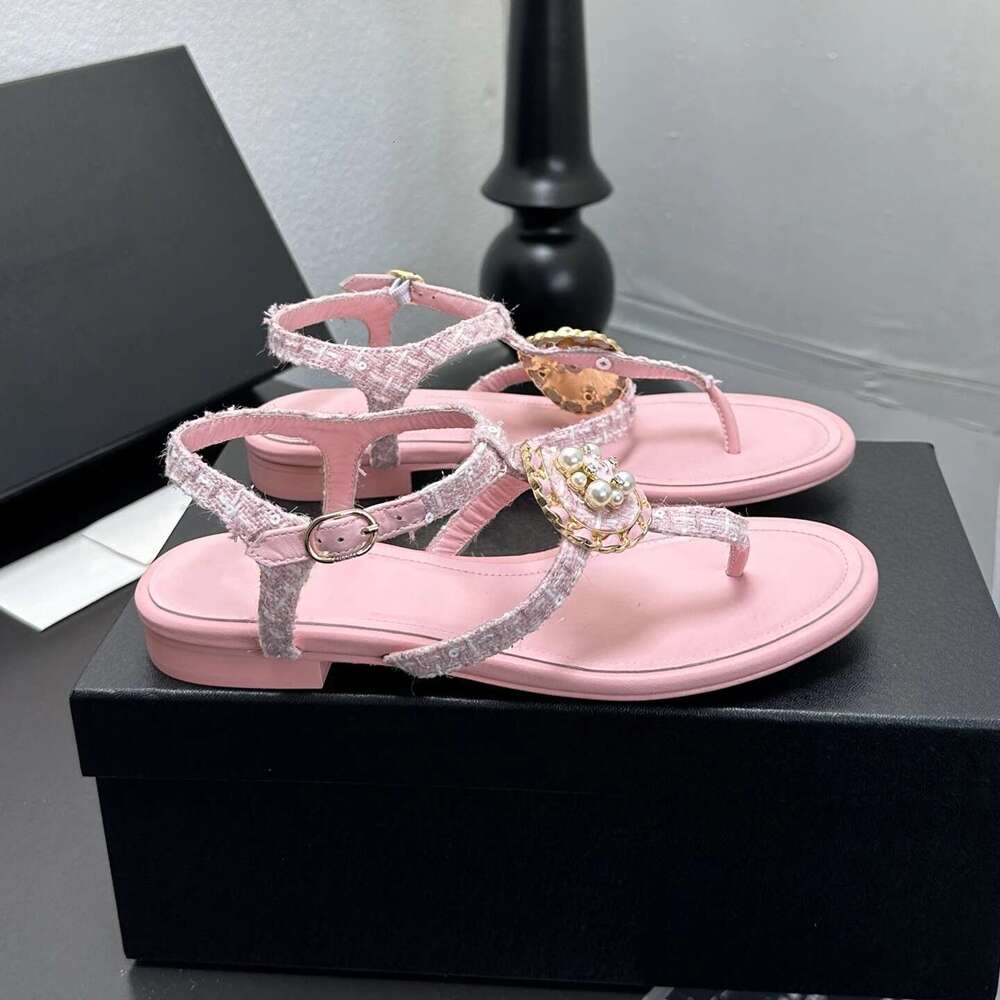 Women Size35-41 Genuine Leather Thong Sandals Low Heels Chain Pearl Summer Buckle Strap Designer Shoes Zapatillas De Mujer