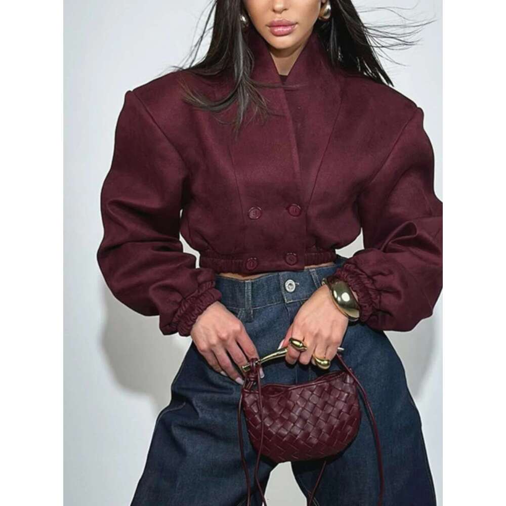 TWOTWINSTYLE Winered French Retro Slim Coats for Women V Neck Spliced Double Breasted Long Sleeved Short Jackets Female Fashion