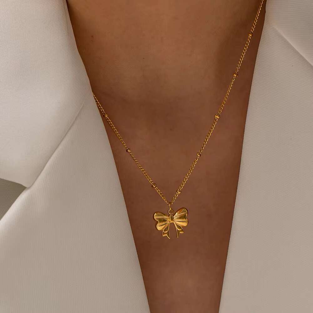 New Gold Plated Charm Stainless Steel Bow Pendant Girl's Necklace