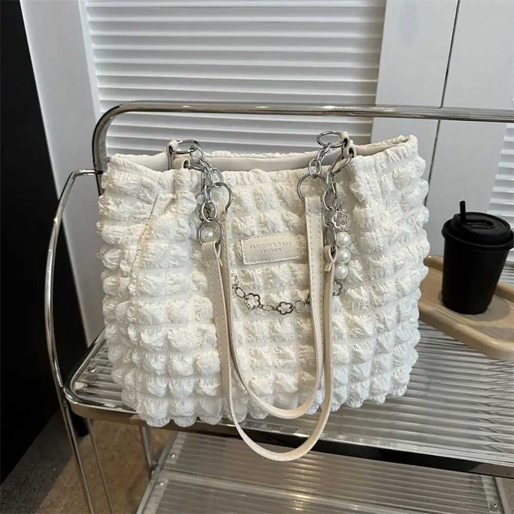 Large Capacity Ladies Tote Bag Fashion Plaid Womens Beaded Chain Shoulder Bags Soft Fabric Commuter Female Handbags Purse Z250512