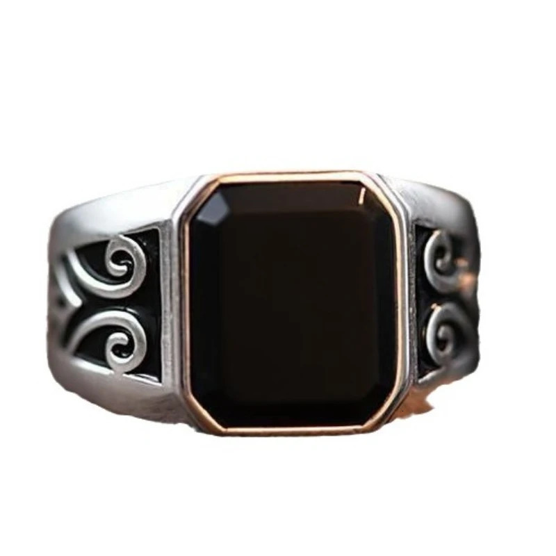 Black Zircon Rings Men Retro Auspicious Cloud Pattern Obsidian Open Index Finger Ring Punk student Jewelry Accessories 250509