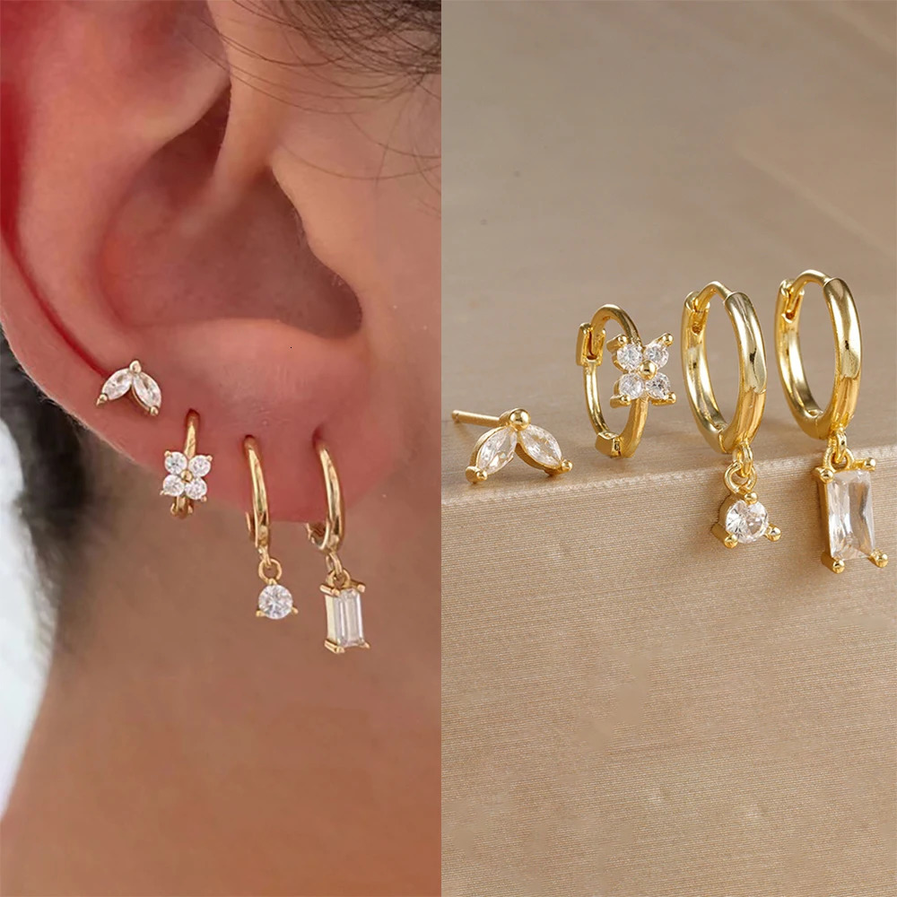 4PCS Flower Square Earrings Set for Women Girl Zircon Stainless Steel Cartilage Piercing Hoop Earring Statement Jewelry 250512