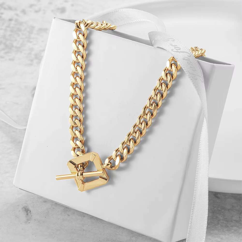 Women's shiny gold with simple square elbow buckle chain necklace