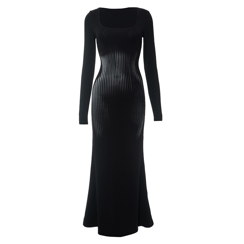 Basic & Casual Dresses Square collar pullover long sleeved high waisted dress with buttocks wrapped