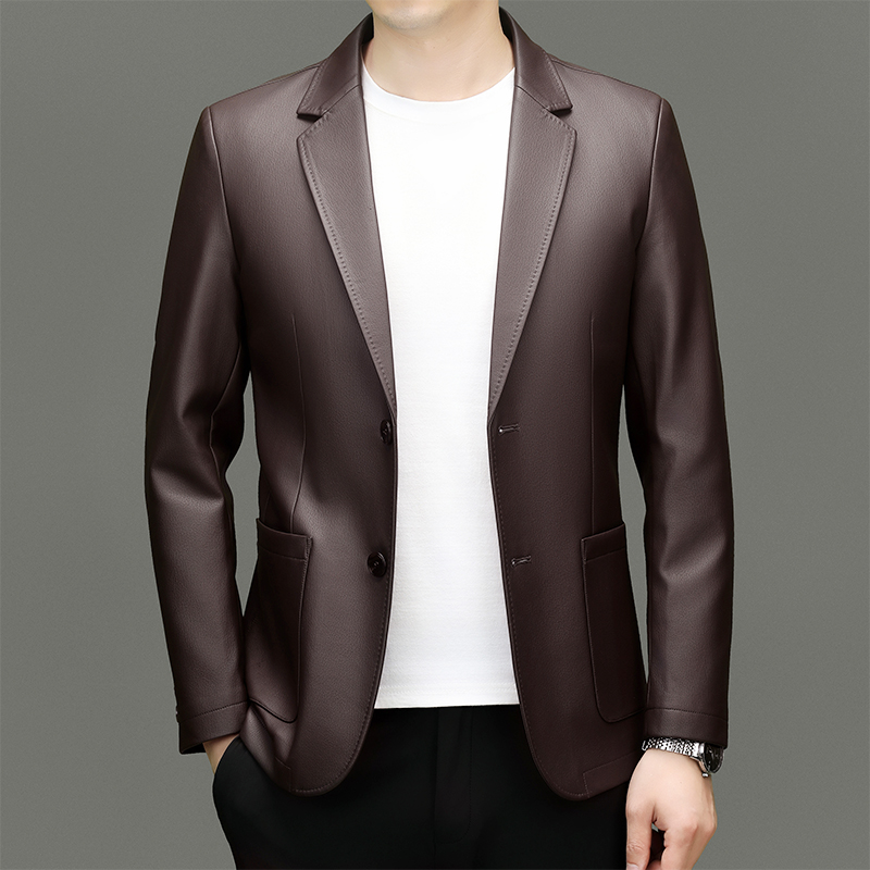Tailored Mens Water Resistant Leather Jacket with Notched Collar - Elegant Casual Wear 8557