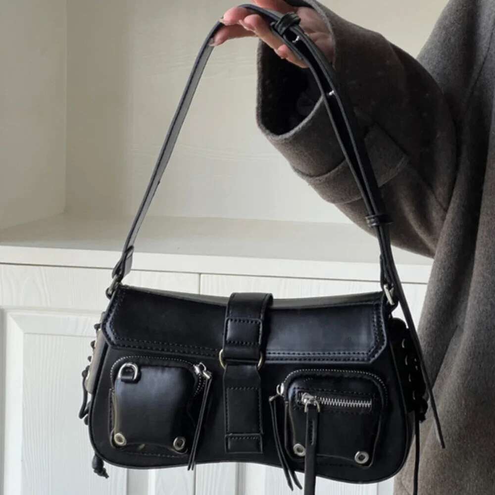 Y2k Korean Women Haruku Vintage Gothic Black Handbag Aesthetic Elegant Punk Wallet Purse Handbags Shoulder PU Trend Tote Bags