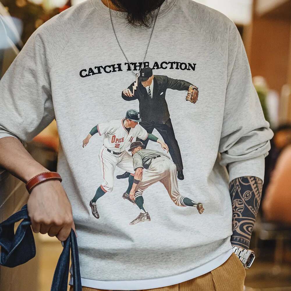 Maden Vintage Baseball Print Sweatshirt Heavyweight Letter Embroidery Loose Fit Hoodies Casual Crew Neck Top For Men's Spring Designer