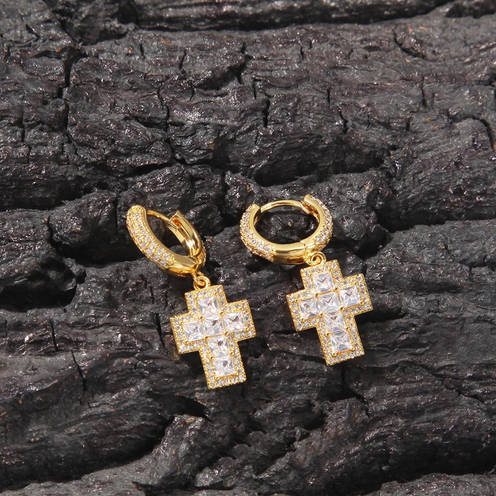 Uwin Cross Earrings Setting Iced Out Baguette Zircionia Earrings For Women Men Fashion Charm Hip Hop Jewelry 250512