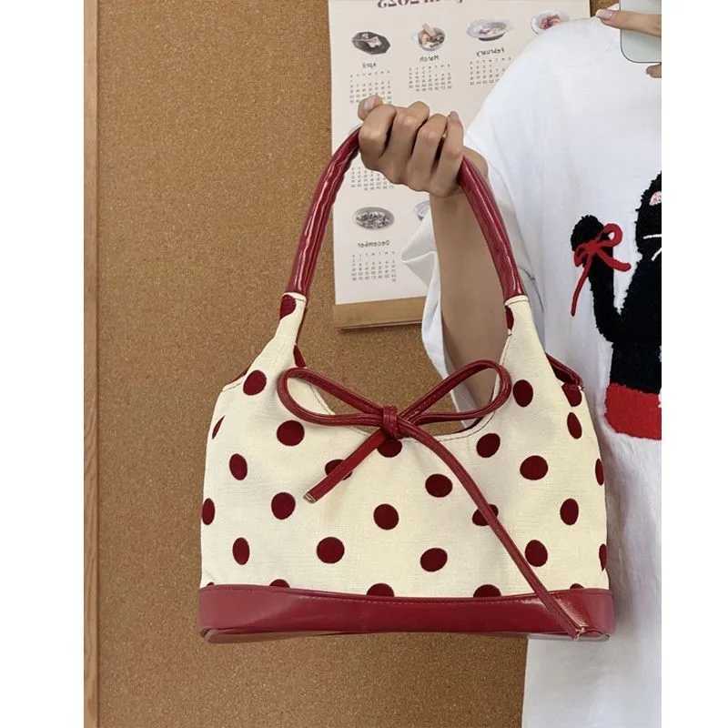 JIAERDI Retro Dot Red Handbag Women Versatile Bow Large Capacity Casual Shoulder Bags Ladies Sweet Cute Underarm Bag AestheticXJ250512