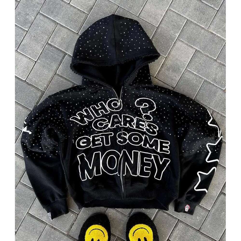 2024 American New Trend Who Cares Get Some Money Printed Zipper Sweater Men's And Women's Y2k Haruku Hip Hop Goth Casual Coat Designer