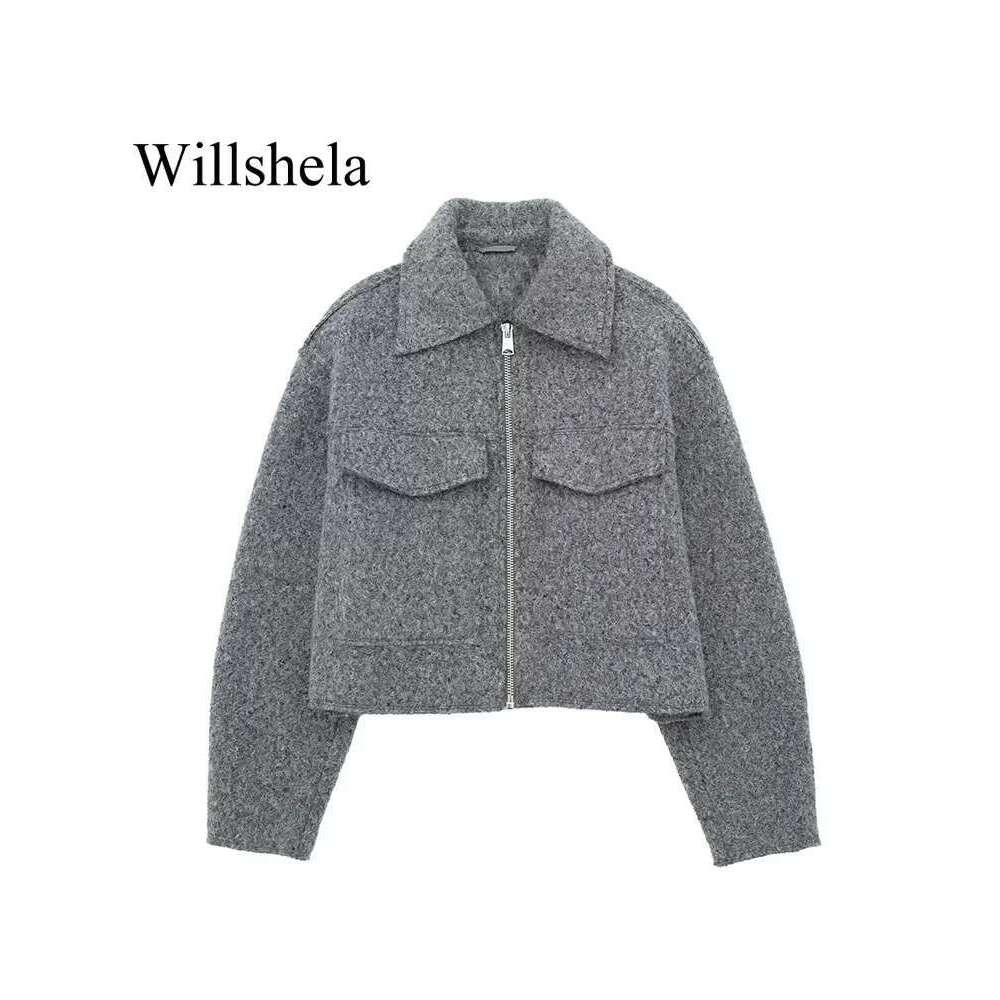 Willshela Women Fashion With Pockets Grey Front Zipper Jackets Vintage Lapel Neck Long Sleeves Female Chic Lady Outfits