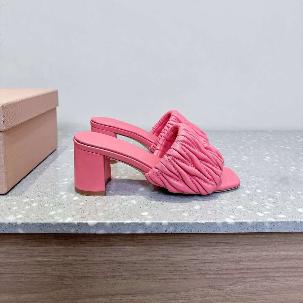 Women Size35-41 Genuine Leather Slippers High Heels Pleated Sewing Pumps Summer Slides Designer Shoes Zapatillas De Mujer