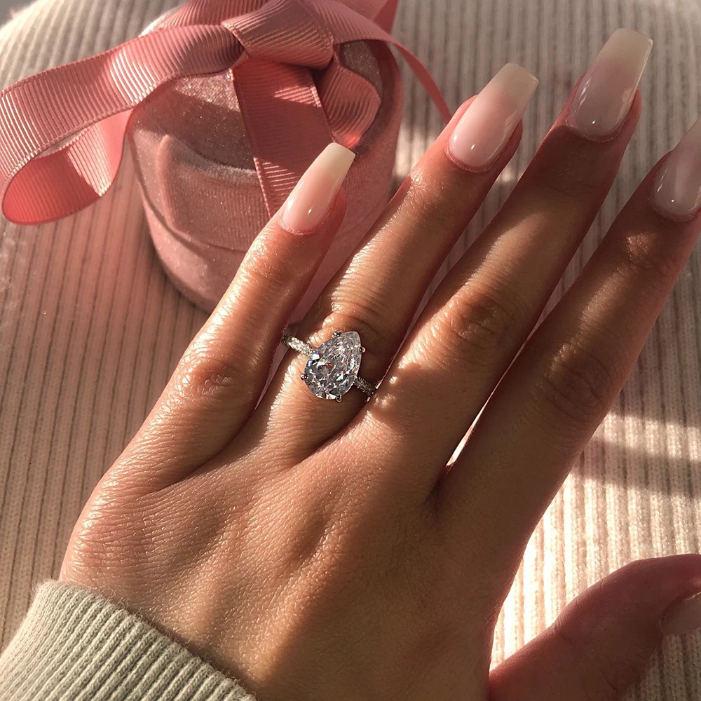 Silver Color Cute Pink Pear Cut Zircon The Engagement Rings for Women Wedding Anel Aneis Party Personalized R6929 250509