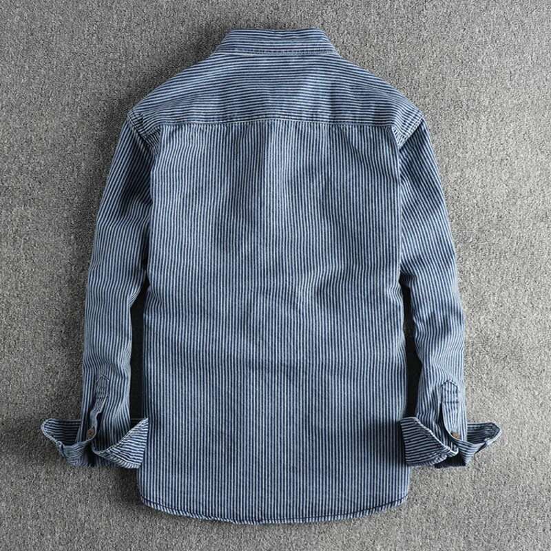 Yarn-Dyed Striped Fabric Washed To Make Old Vintage Cargo Denim For Men European And American Fashion Casual Shirt Coat