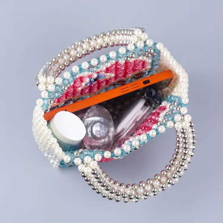Light Blue Peach Handmade Fashion Heart Pearl Bag Beaded Bags For Women Floral Mini Handbags Women Bags Designer BagW250512