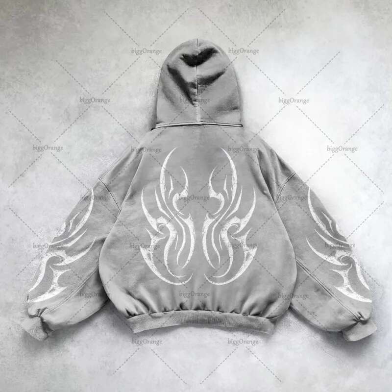 Y2k Haruku Retro Personalized Print Fashion Loose Zipper Hoodie Men American Classic Casual All-Match Sweatshirt Women Designer