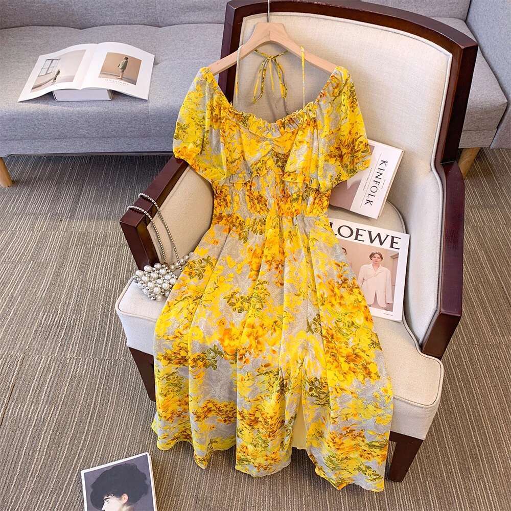 Summer Plus Size Women's Chiffon High Waist Short Sleeve Yellow Floral Split Dress Casual Seaside Beach Style