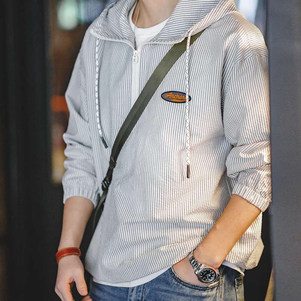 Maden Men Hooded Sweatshirt Gray White Striped Seersucker Pullover Top Spring And Summer Breathable Men's Clothes Hoodies Designer