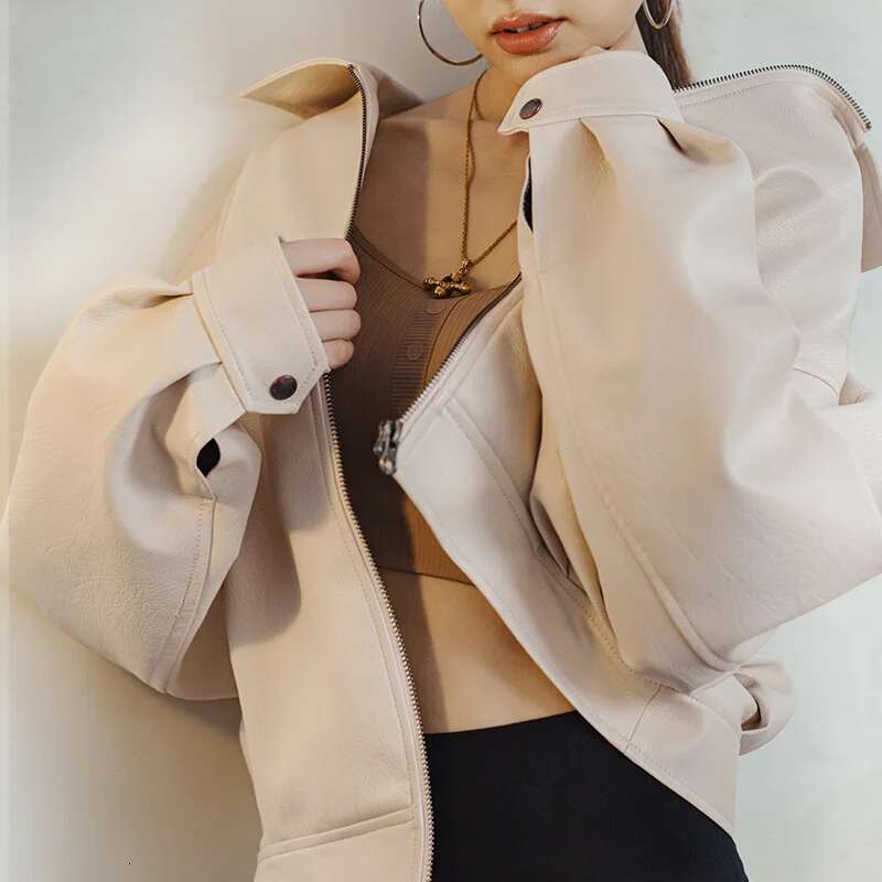 Maden Retro Beige Leather with Lapel Collar Loose Fit Motorcycle Style Short Jacket Versatile Outerwear Tops for Women