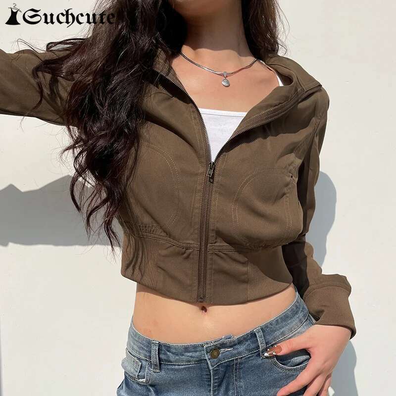 SUCHCUTE Vintage Cropped Jackets Women Stand Collar Solid Color Casual Coats Slim Pocket Zip Up Haruku Safari Style Outwear