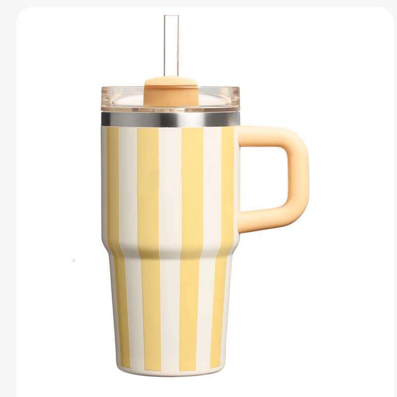 Striped 20Oz Handle Car 304 Stainless Steel Vacuum Insulated Large Capacity Outdoor Portable Straw Cup B5