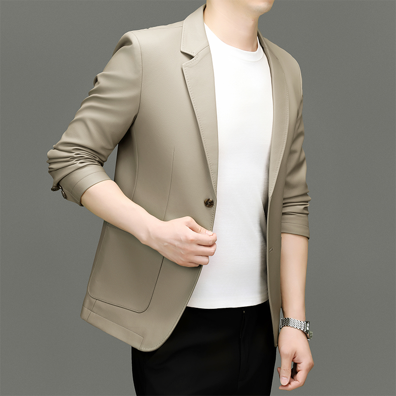 Tailored Mens Water Resistant Leather Jacket with Notched Collar - Elegant Casual Wear 8557