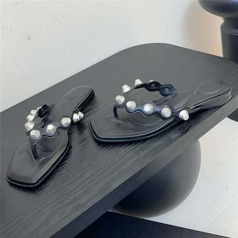 Womens Summer Fashion Slide Leather Sandal Flip Flop Slipper Shoes Casual Studded Low Heel Open Toe