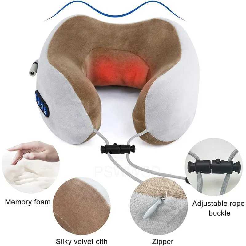 Electric U Shaped Massage Pillow Heated Neck Massager Memory Foam Soft Sleeping Travel Airplane Pillow Cervical Health Care ToolW250512